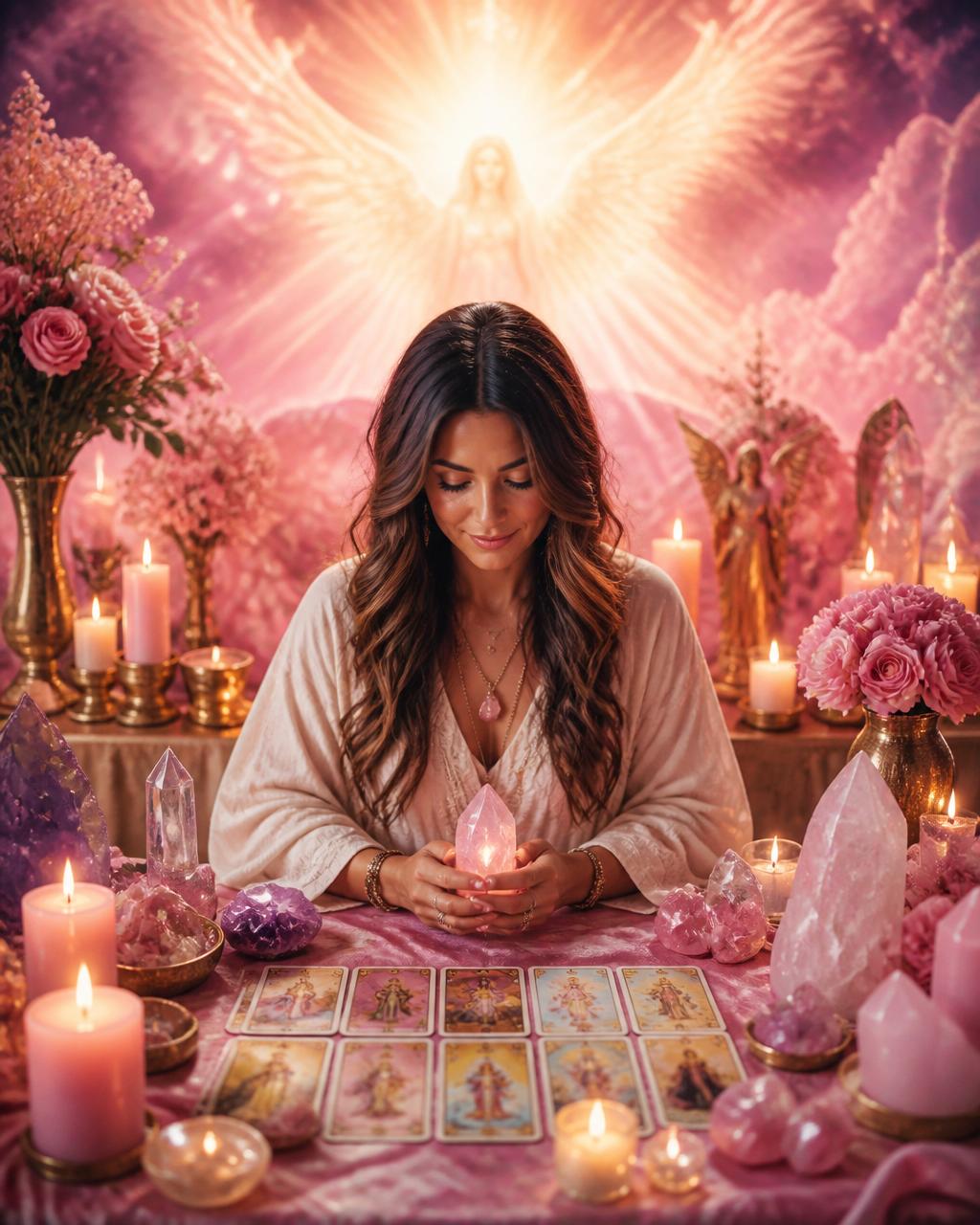 Angelic spiritual guidance scene with candles and crystals